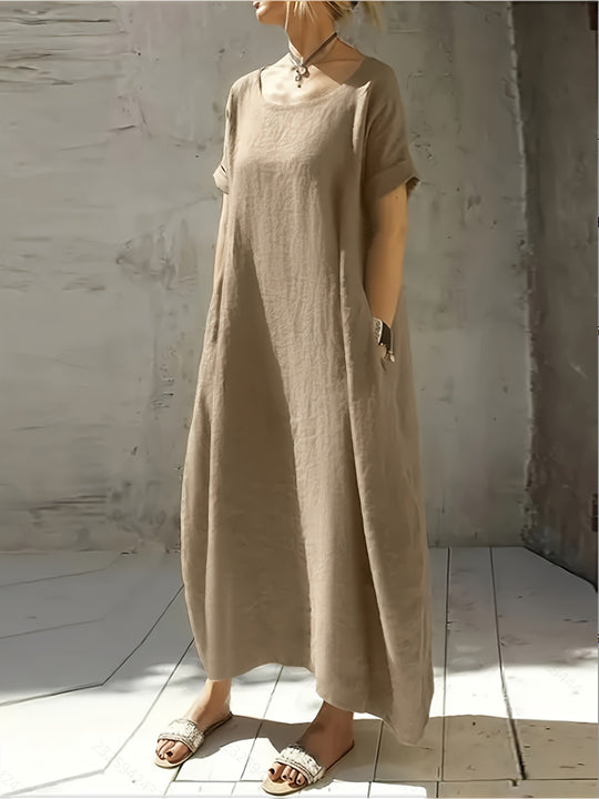 Minimalist Short Sleeve Linen Pocket Dress