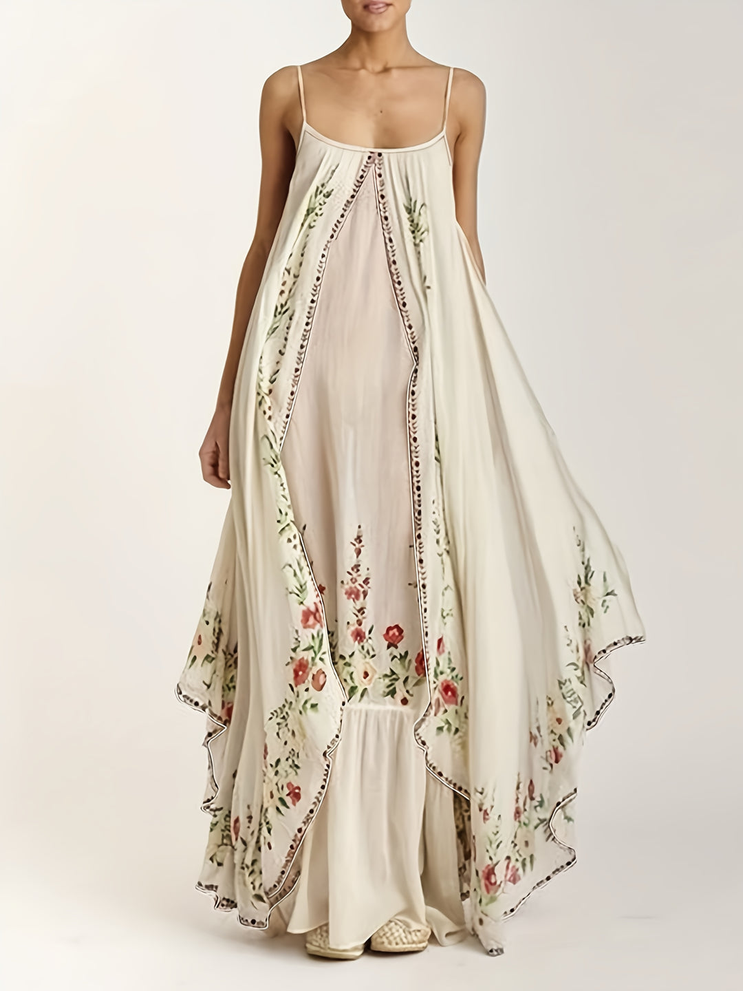 Spaghetti Strap Floral Border Maxi Boho Dress