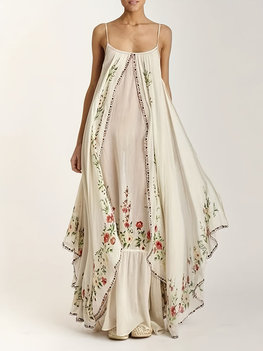 Spaghetti Strap Floral Border Maxi Boho Dress