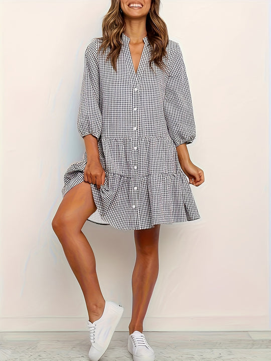 Checkered V-Neck Half Sleeve Bohemian Mini Dress