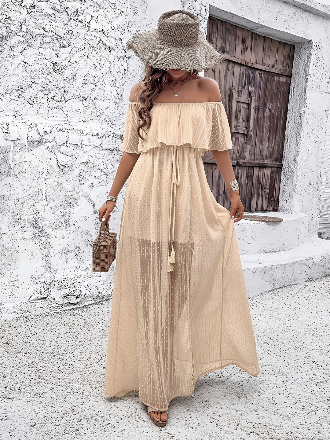 Beige Off-the-Shoulder Swiss Dot Maxi Summer Dress