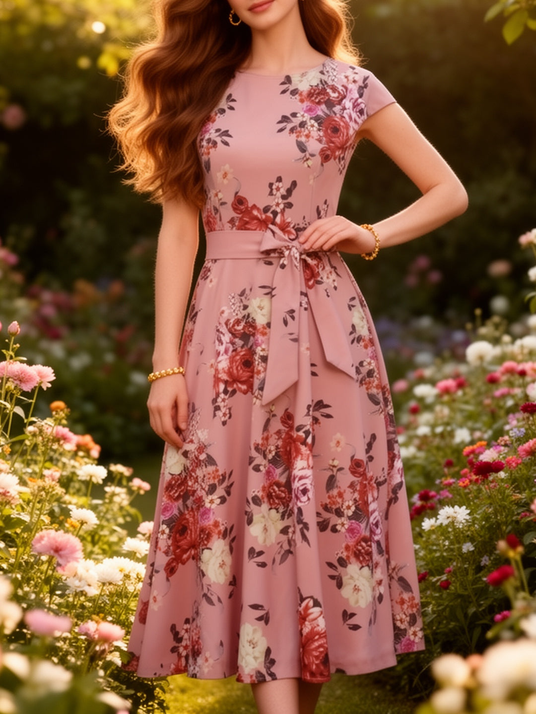 Floral Belted A-Line Midi Dress