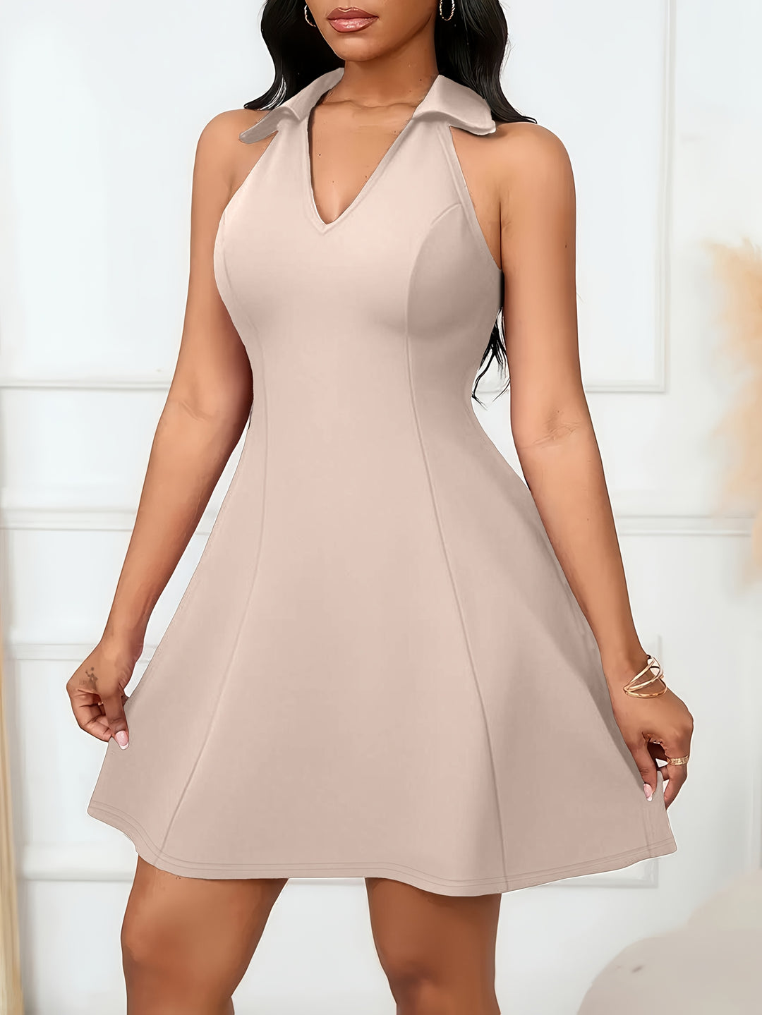 Collared Off-Shoulde Halter V-Neck Fit and Flare Dress