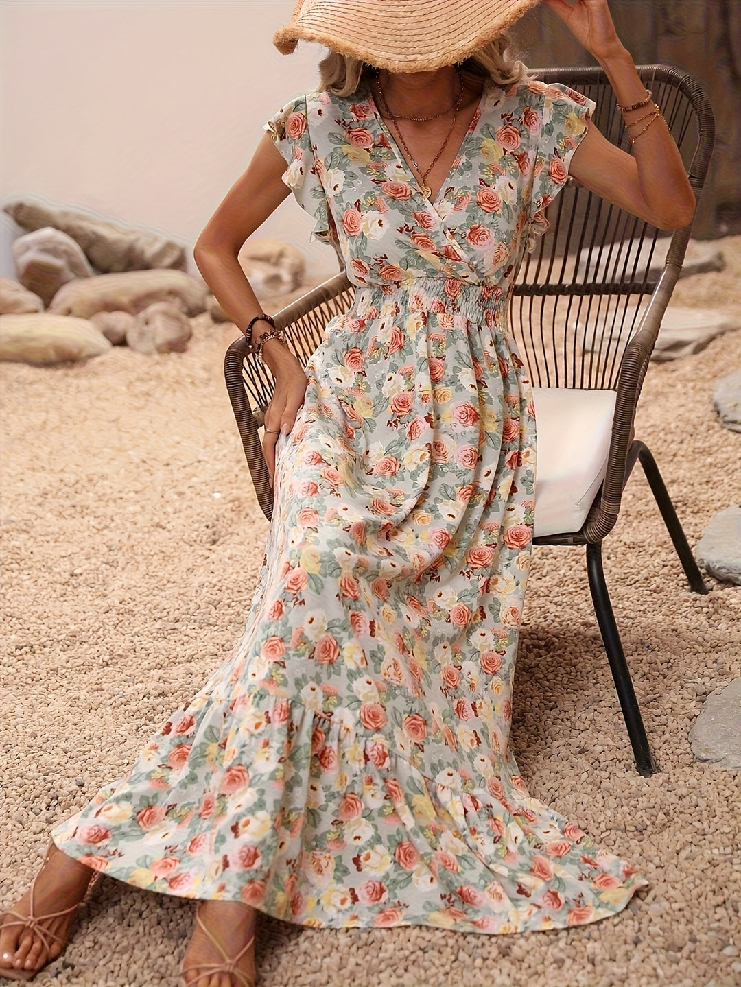 Floral Surplice V-Neck Smocked Maxi Dress