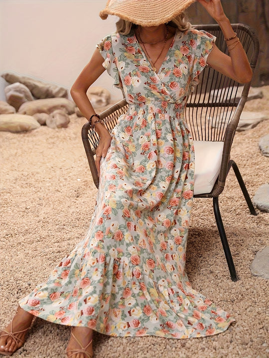 Floral Surplice V-Neck Smocked Maxi Dress