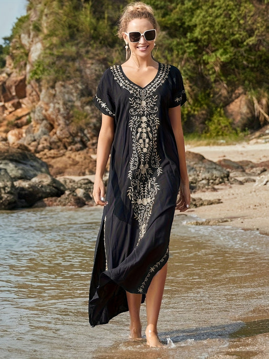 Bohemian V-Neck Embroidered Kaftan Maxi Dress
