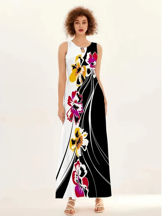 Abstract Floral Print Sleeveless Long Dress