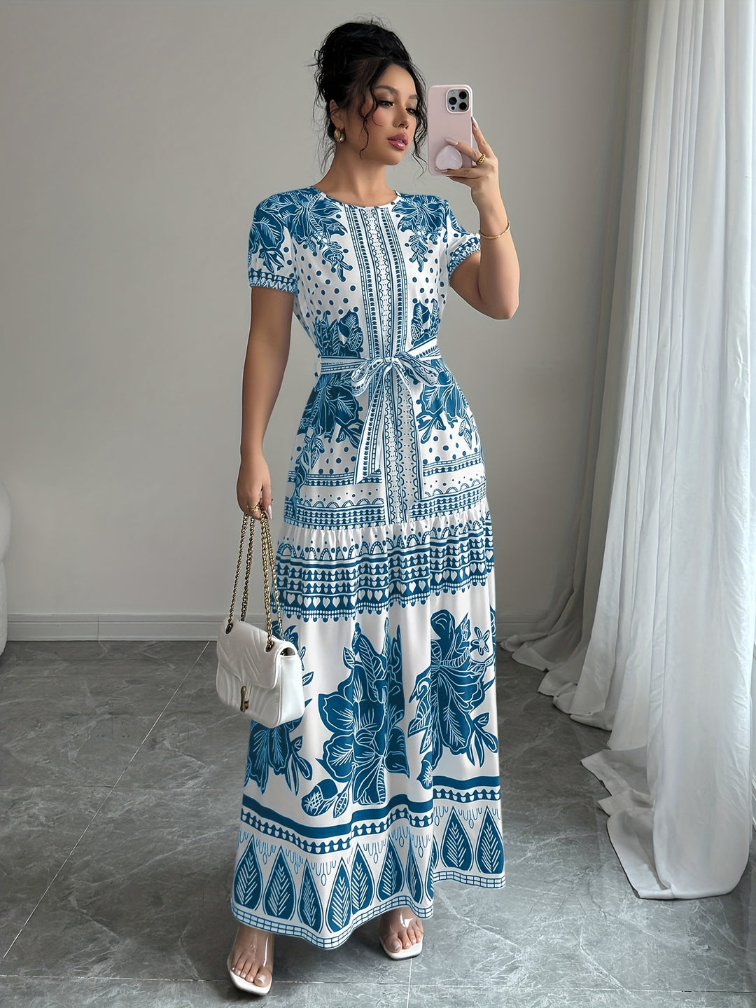 Short Sleeve Floral Pattern Belted Maxi Dress