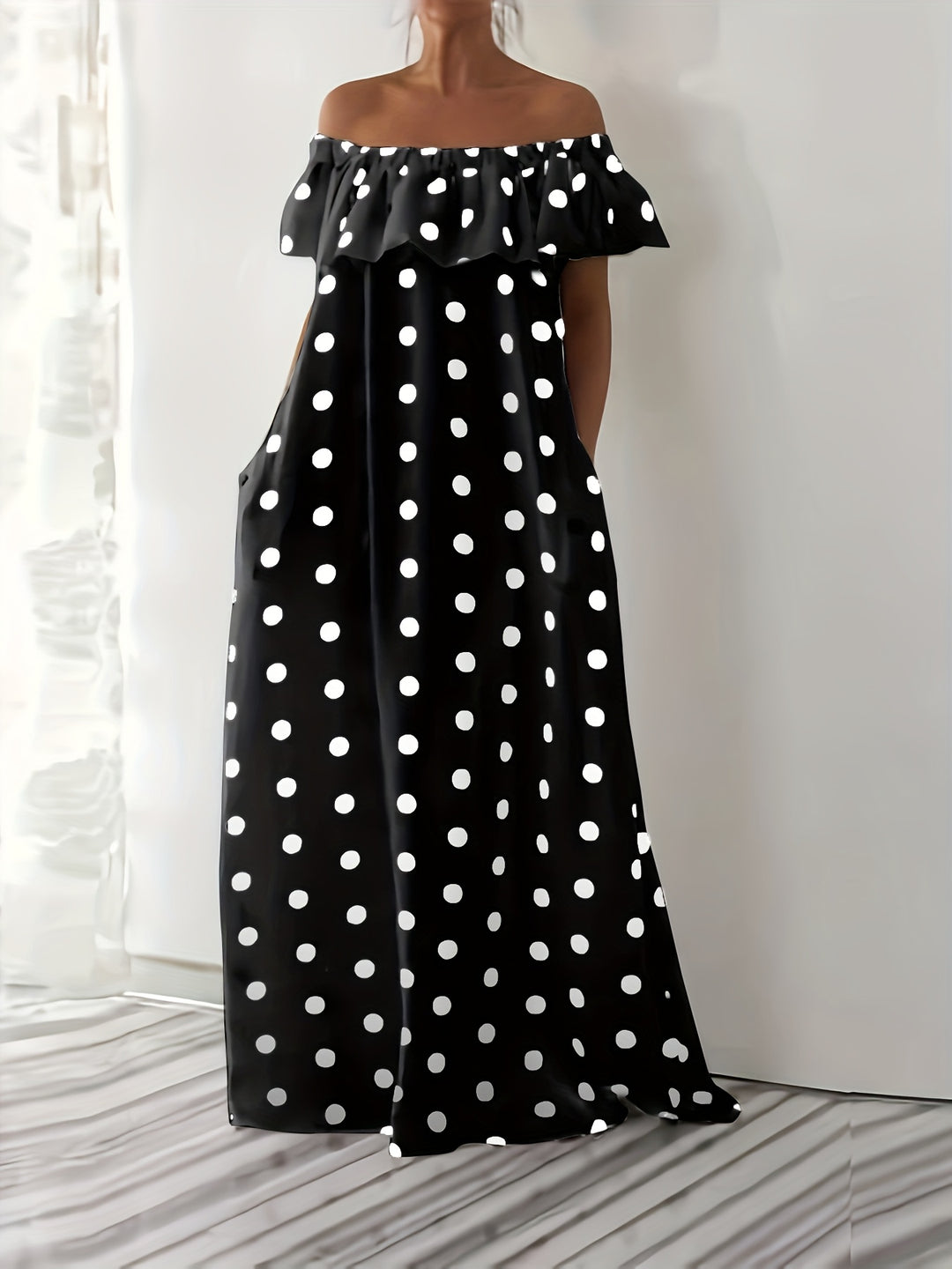 Polka Dot Ruffle Off-The-Shoulder Maxi Dress - Plus Size