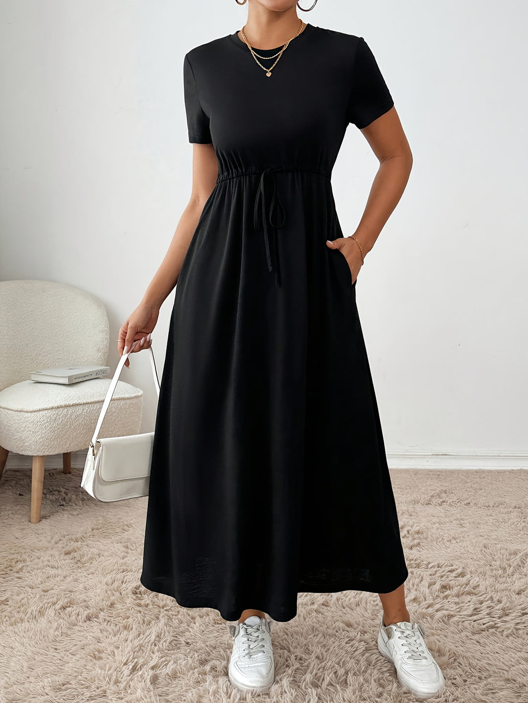 Casual Short Sleeve Drawstring Maxi Dress