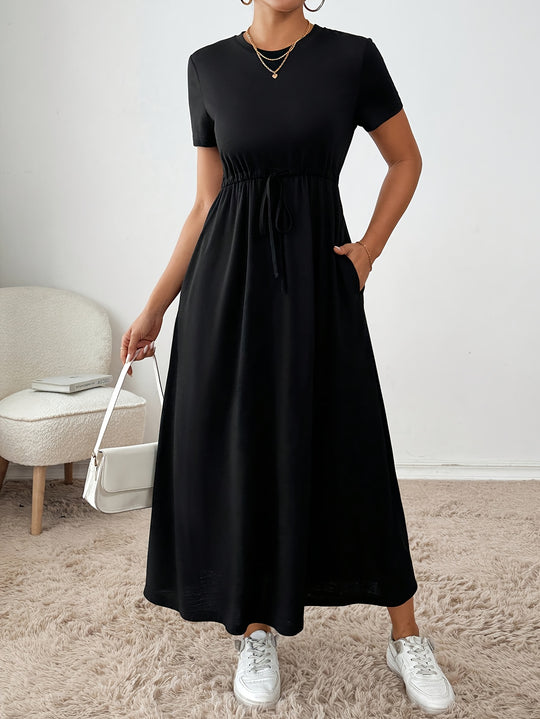 Casual Short Sleeve Drawstring Maxi Dress