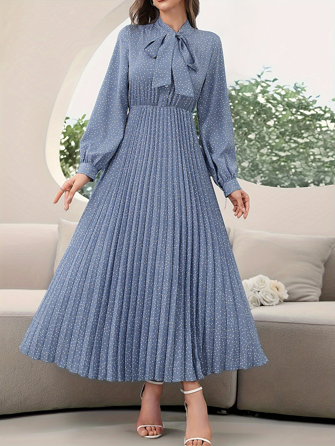 Elegant Tie Neck Pleated Maxi Dress