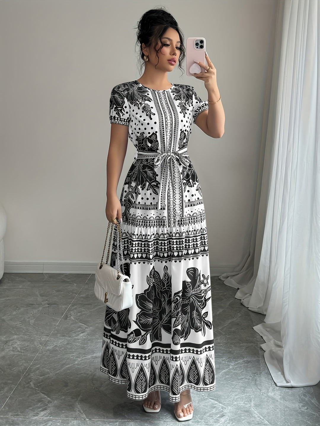 Short Sleeve Floral Pattern Belted Maxi Dress