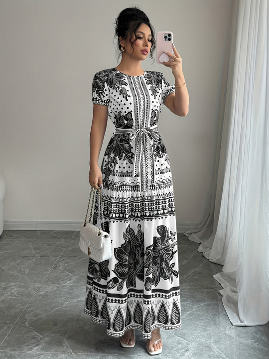 Short Sleeve Floral Pattern Belted Maxi Dress