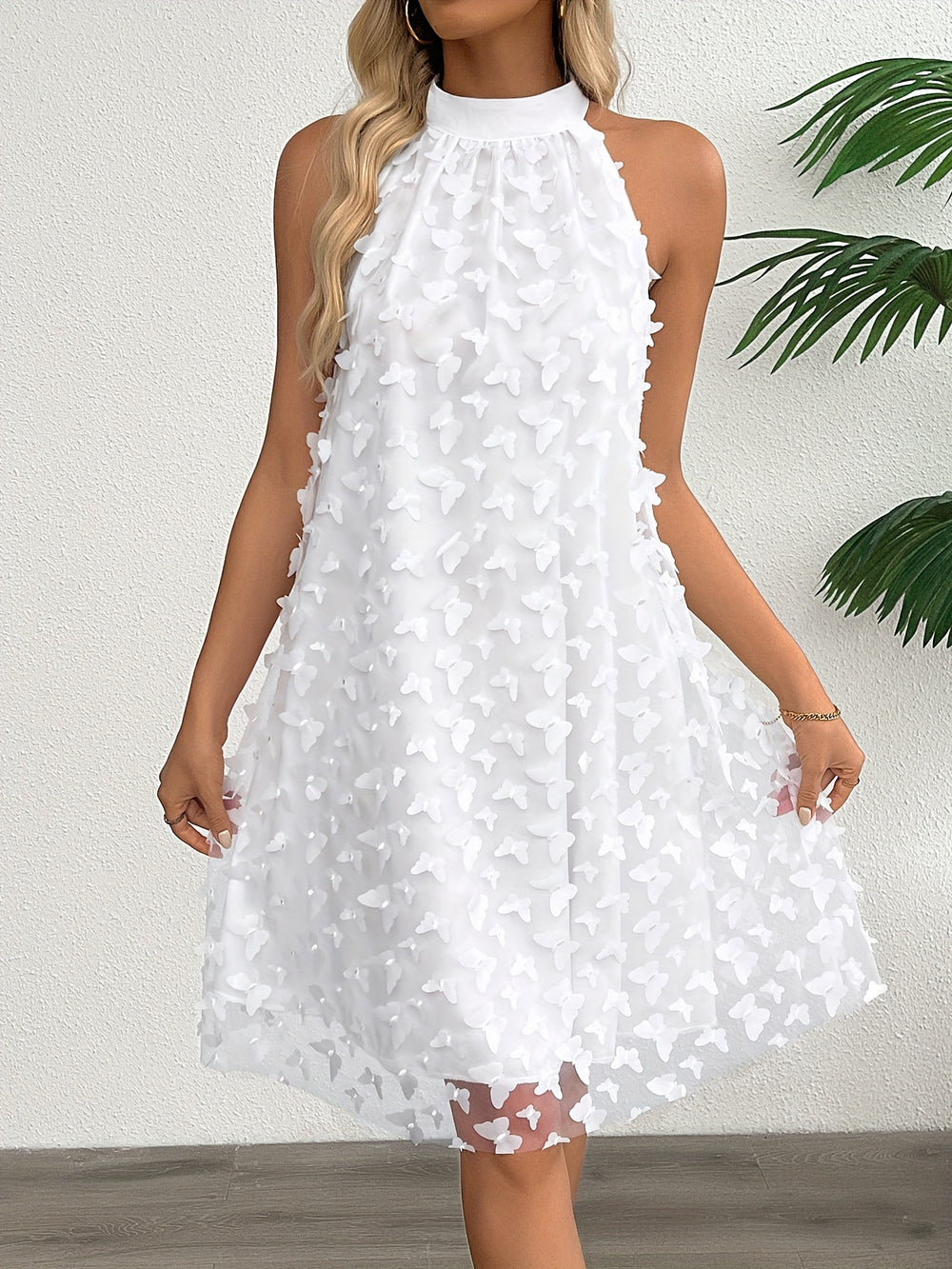 Sleeveless High Neck Mesh Overlay Bohemian Dress