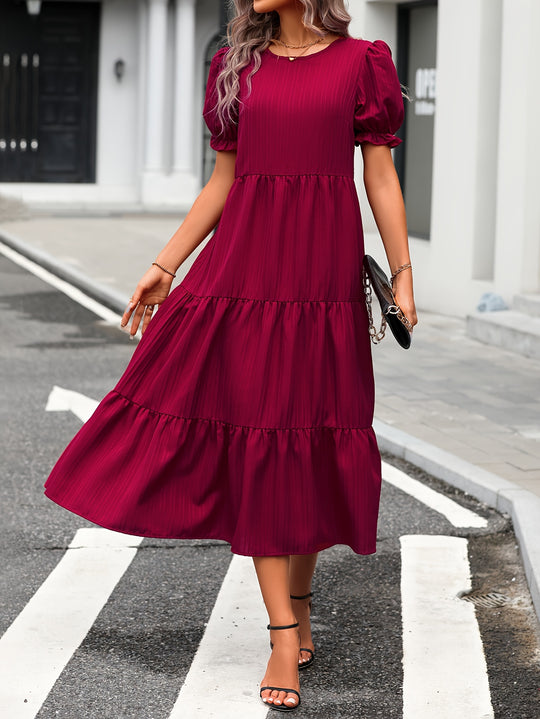 Casual Puff Sleeve Tiered Swing Dress