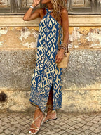 Boho Geometric Pattern Halter Slit Summer Dress