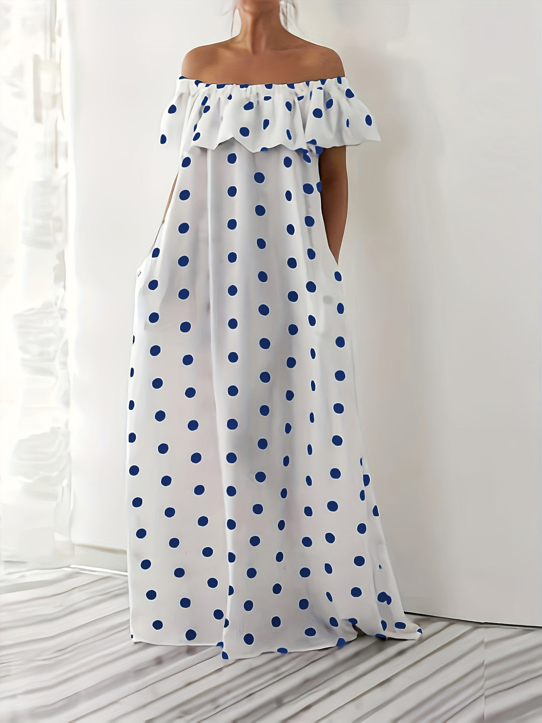 Polka Dot Ruffle Off-The-Shoulder Maxi Dress - Plus Size
