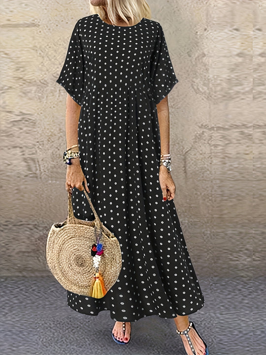 Casual Polka Dot Round Neck Maxi Dress