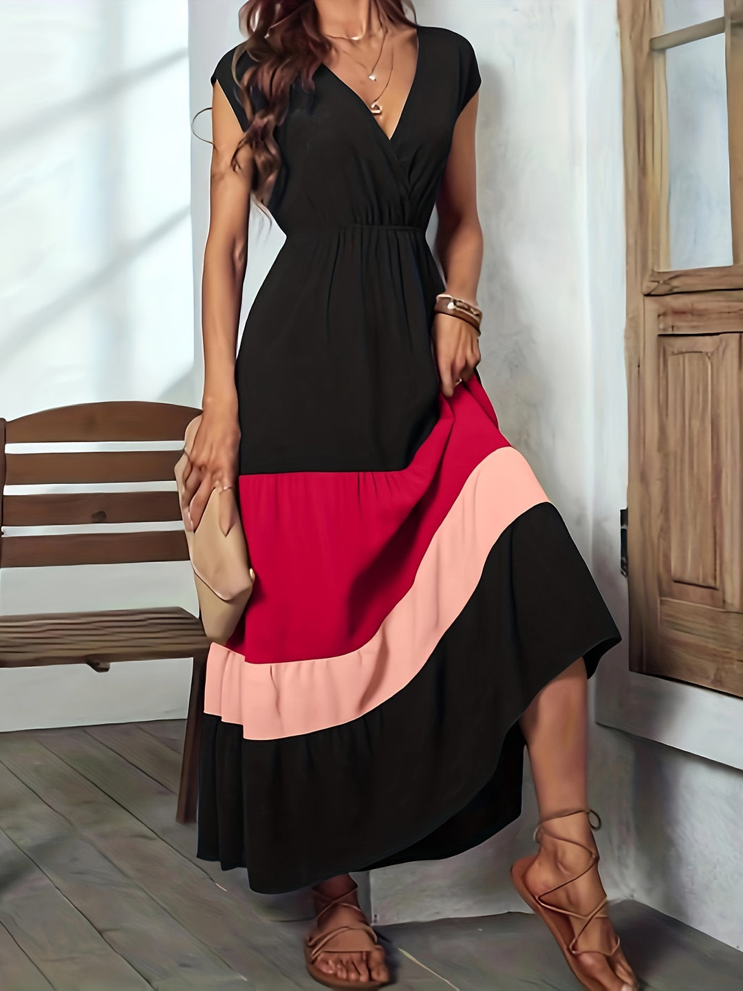 Bohemian Tiered Color Block Summer Dress