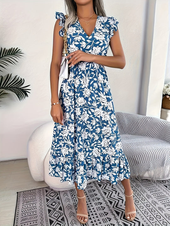 V-Neck Floral Pattern Flutter Sleeve Summer Dress