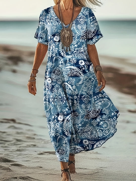 Short Sleeve Bohemian Pattern Summer Maxi Dress - Plus Size