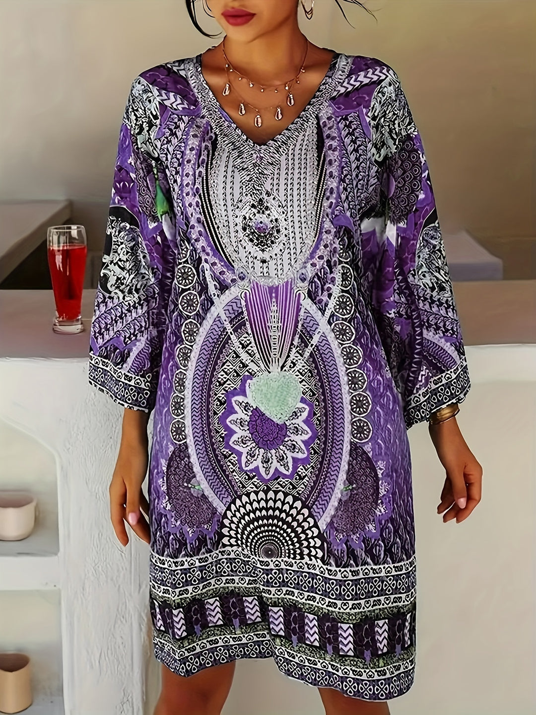 Long Sleeve Floral Mandala Boho Summer Dress- Plus Size