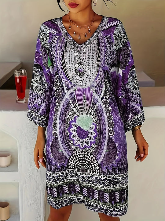 Long Sleeve Floral Mandala Boho Summer Dress- Plus Size
