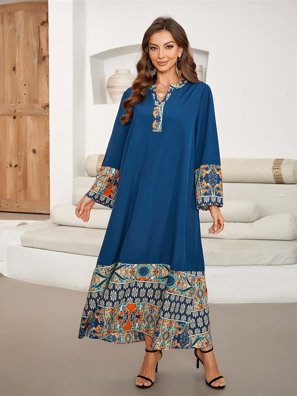Bohemian Placket Neck Relaxed Long Dress