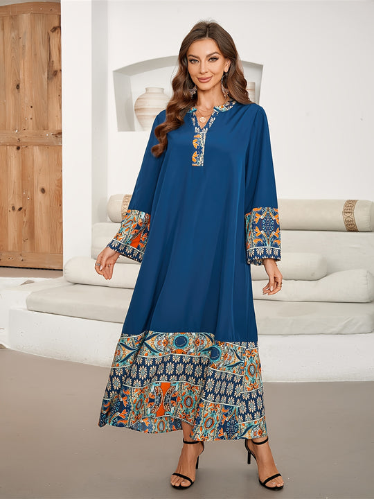 Bohemian Placket Neck Relaxed Long Dress