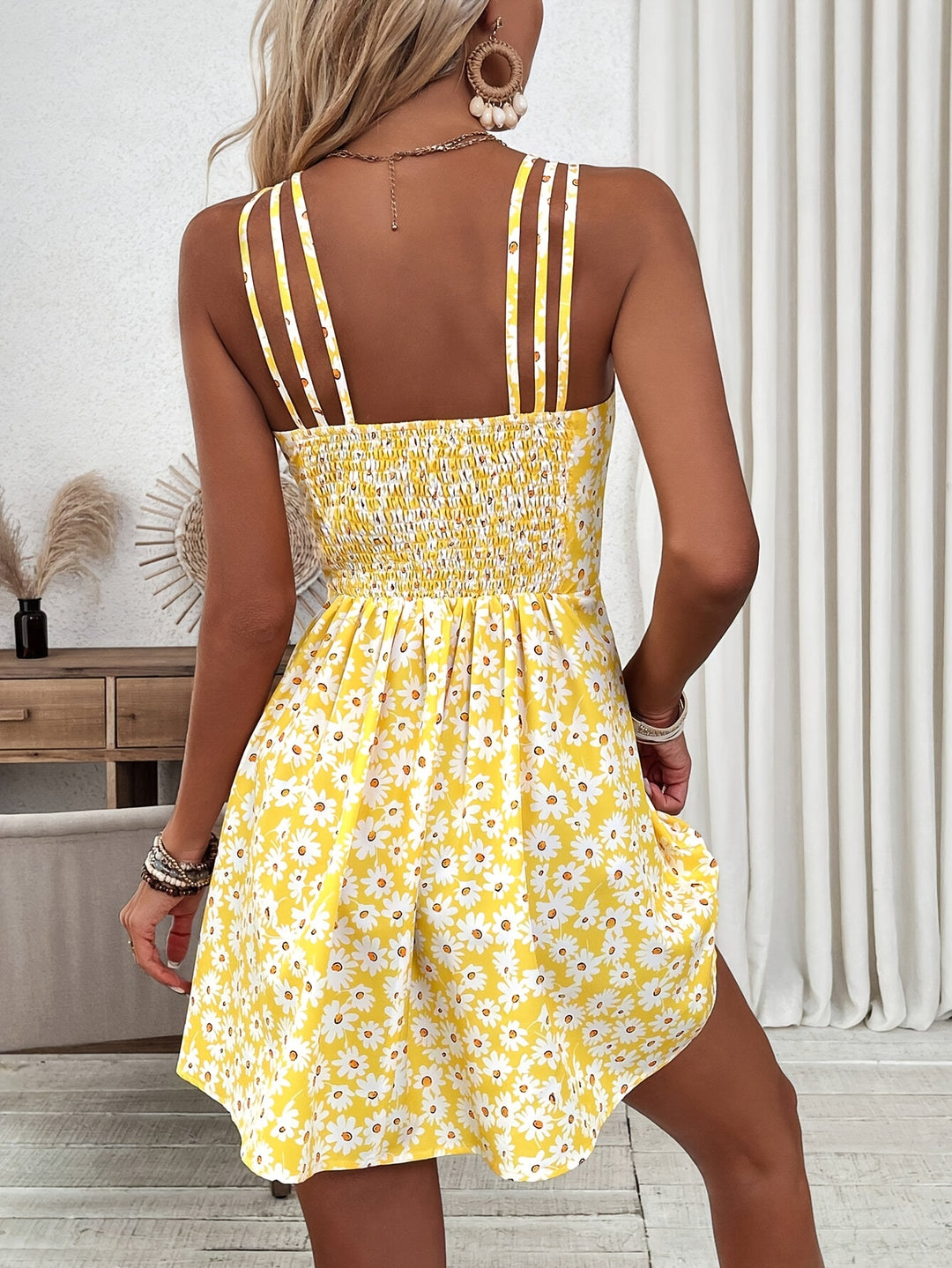 Casual Daisy Print Multi-Strap Mini Dress