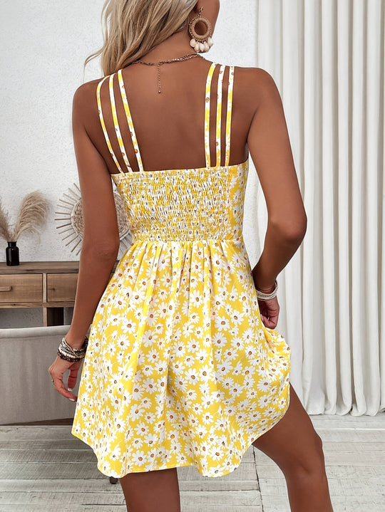 Casual Daisy Print Multi-Strap Mini Dress