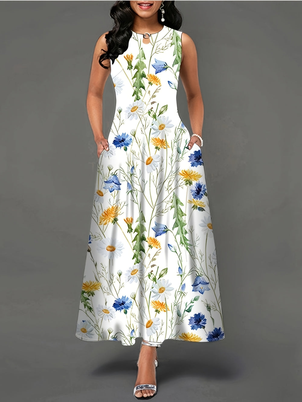 Boho Wildflower Print Sleeveless Maxi Dress