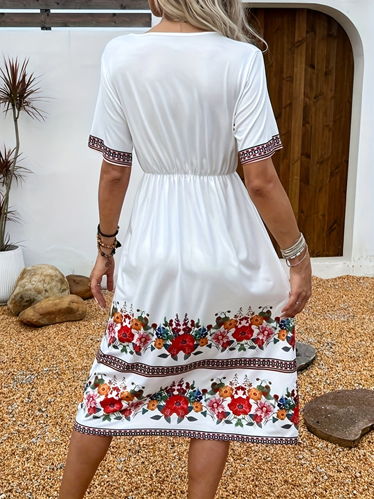 Bohemian V-Neck Embroidered Floral Midi Dress