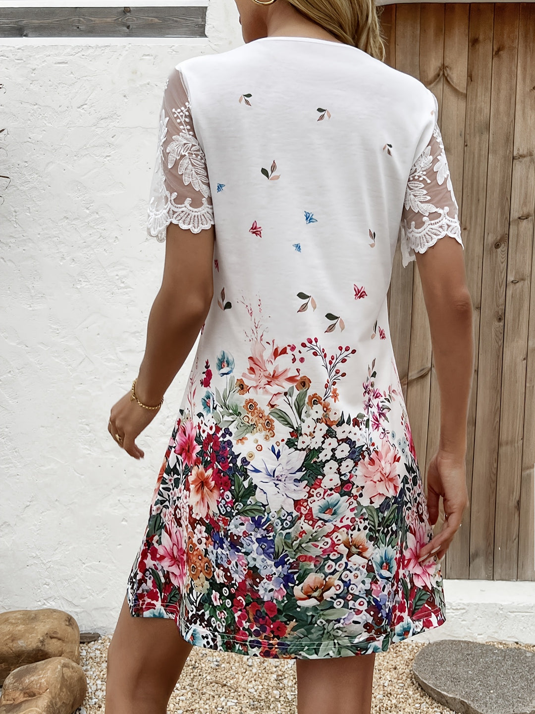 Casual Floral Hem Short Dress with Lace Sleeves