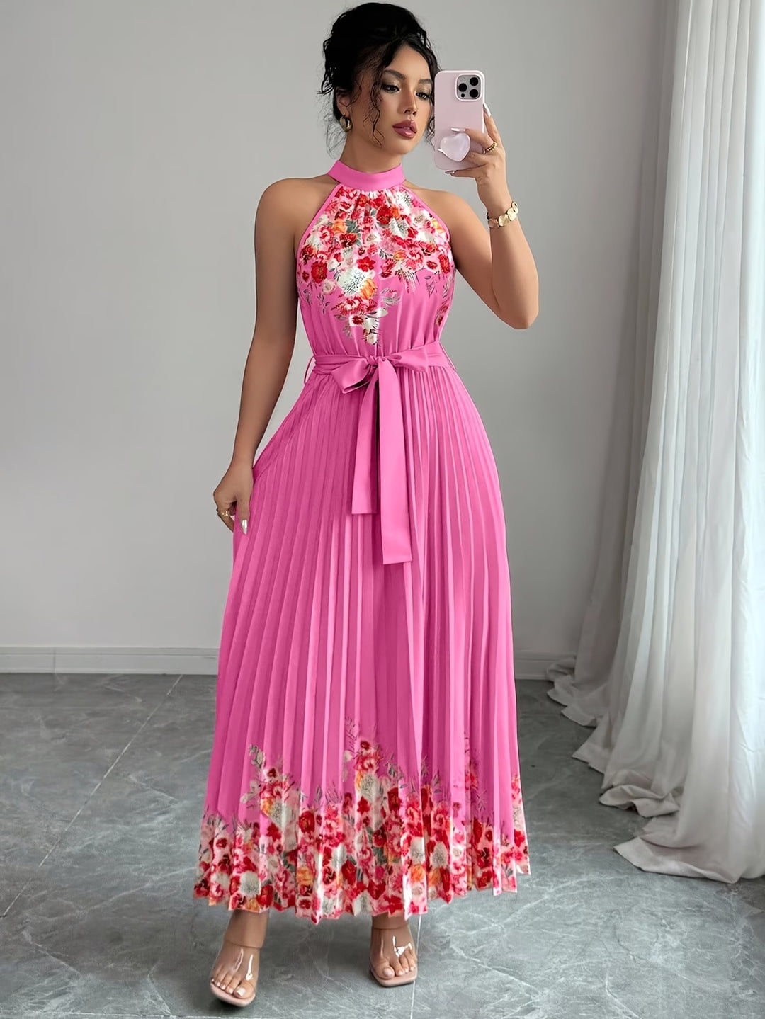 Halter Neck Floral Pleated Boho Dress