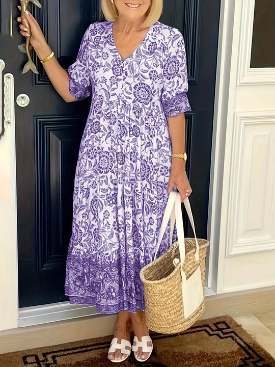 Boho Floral Print Relaxed Fit Midi Dress