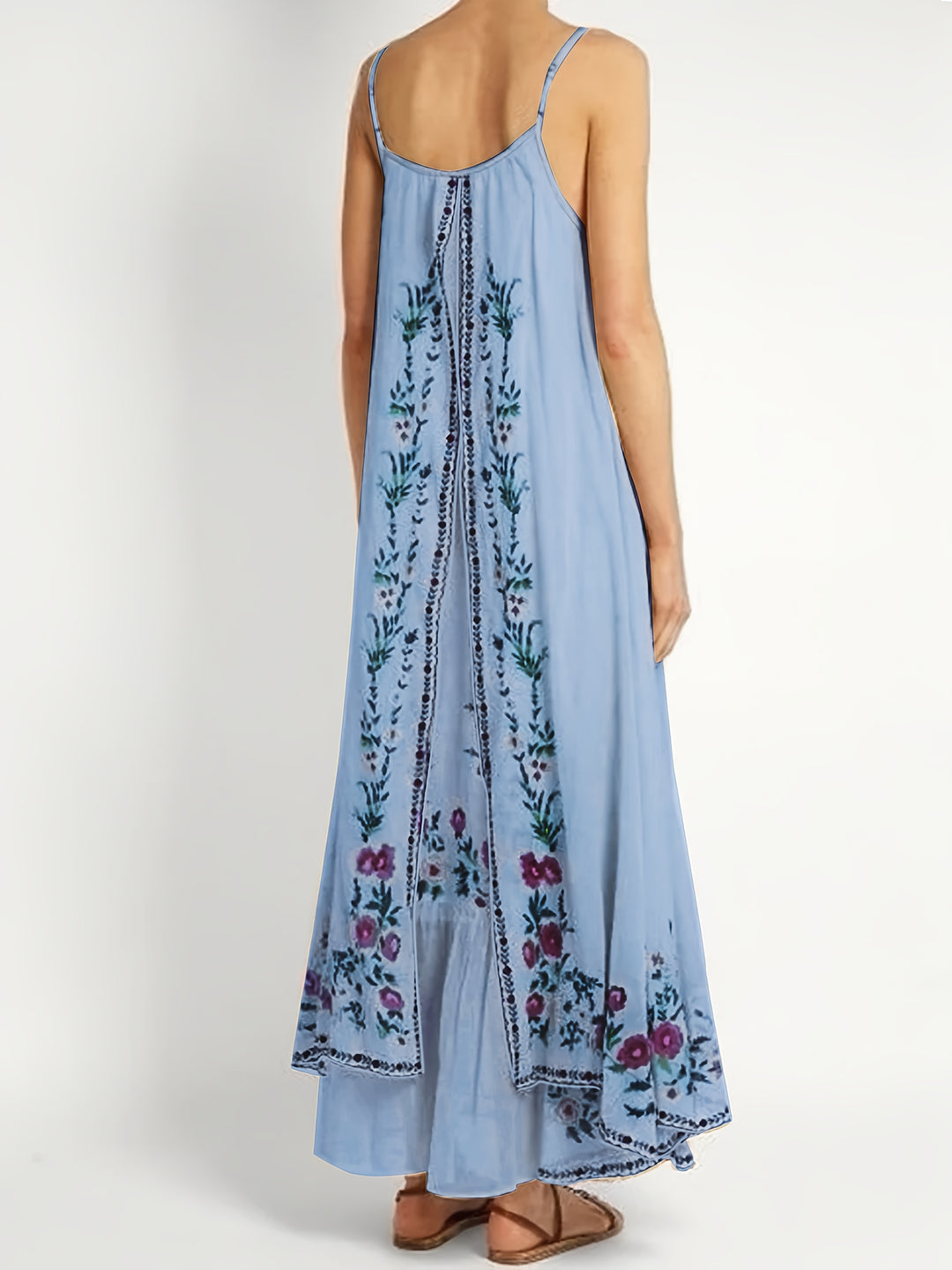 Spaghetti Strap Floral Border Maxi Boho Dress