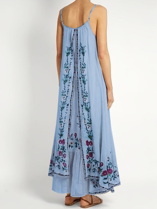 Spaghetti Strap Floral Border Maxi Boho Dress