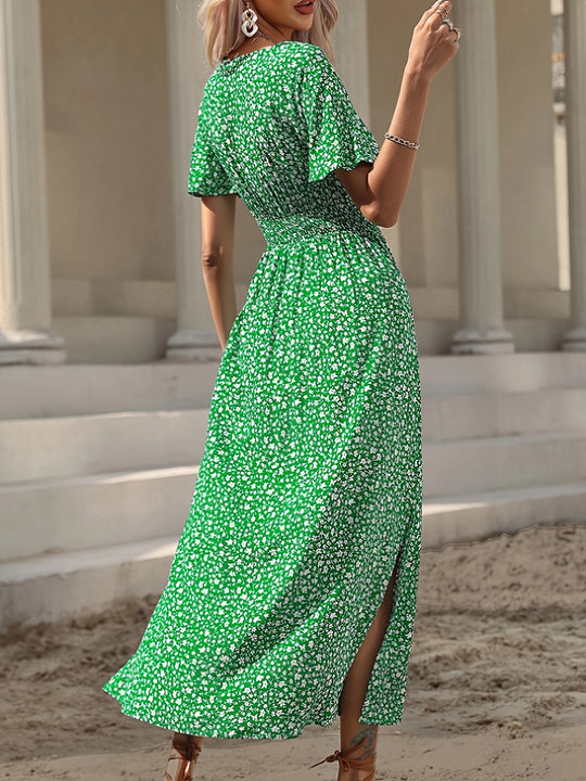 Floral Smocked Waist Side Slit Maxi Dress