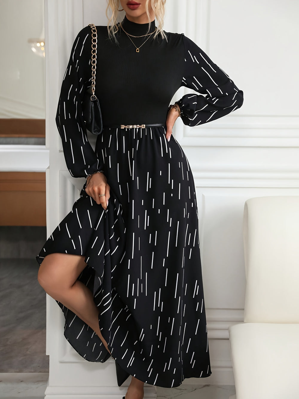 Modest Long Sleeve Linear Print Maxi Dress