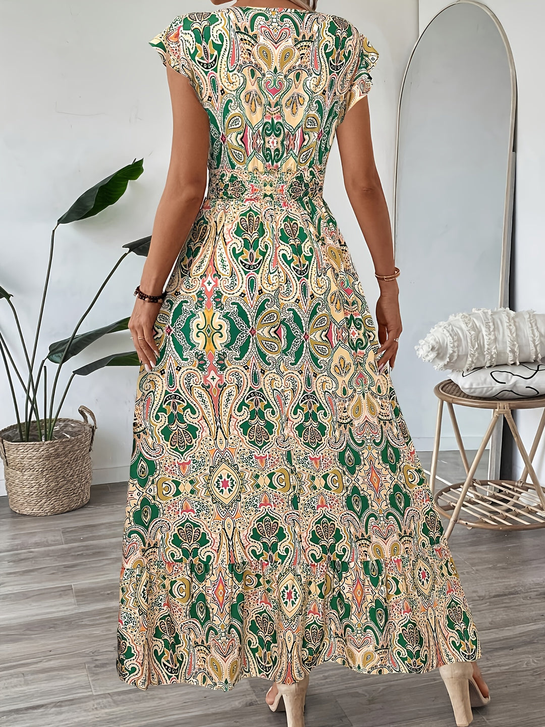 Short Sleeve Casual Full-Print Flutter Summer Boho Dress