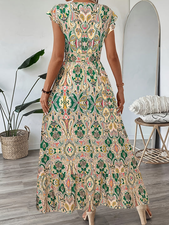 Short Sleeve Casual Full-Print Flutter Summer Boho Dress