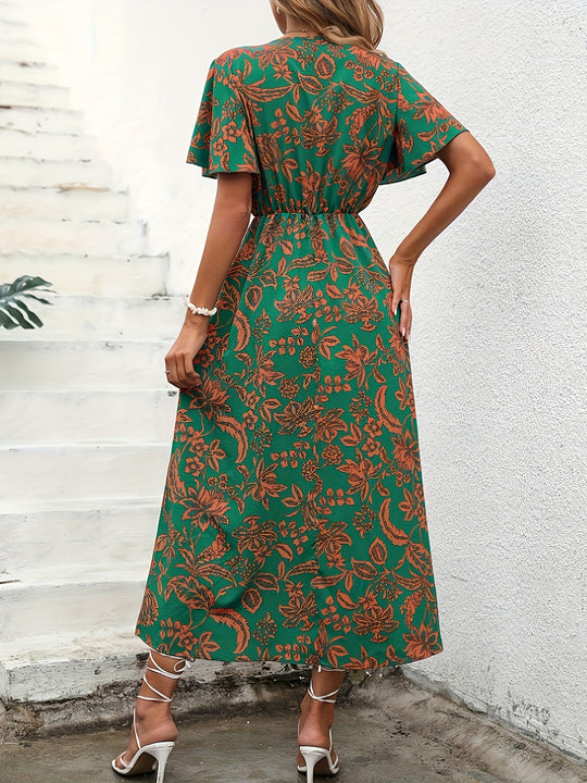 Tropical Print High Slit Maxi Dress