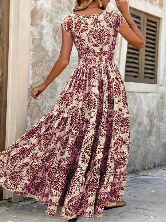 Wide Smocked Waist Intricate Print Flowy Dress