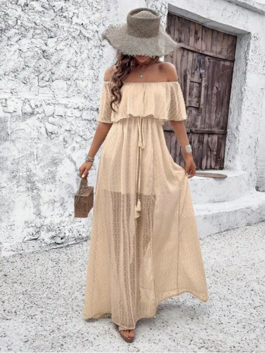 Off The Shoulder Ruffle Swiss Dot Maxi Dress