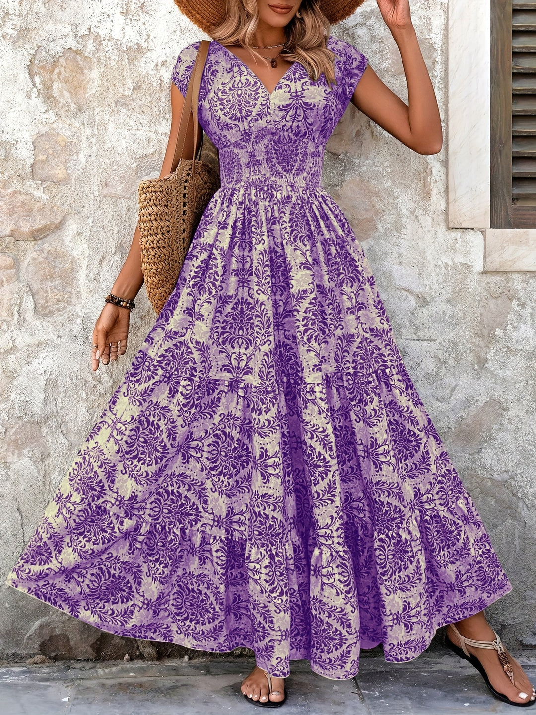 Smocked Bodice Vintage Print Bohemian Dress