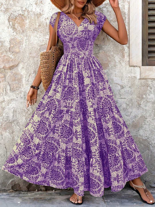Smocked Bodice Vintage Print Bohemian Dress