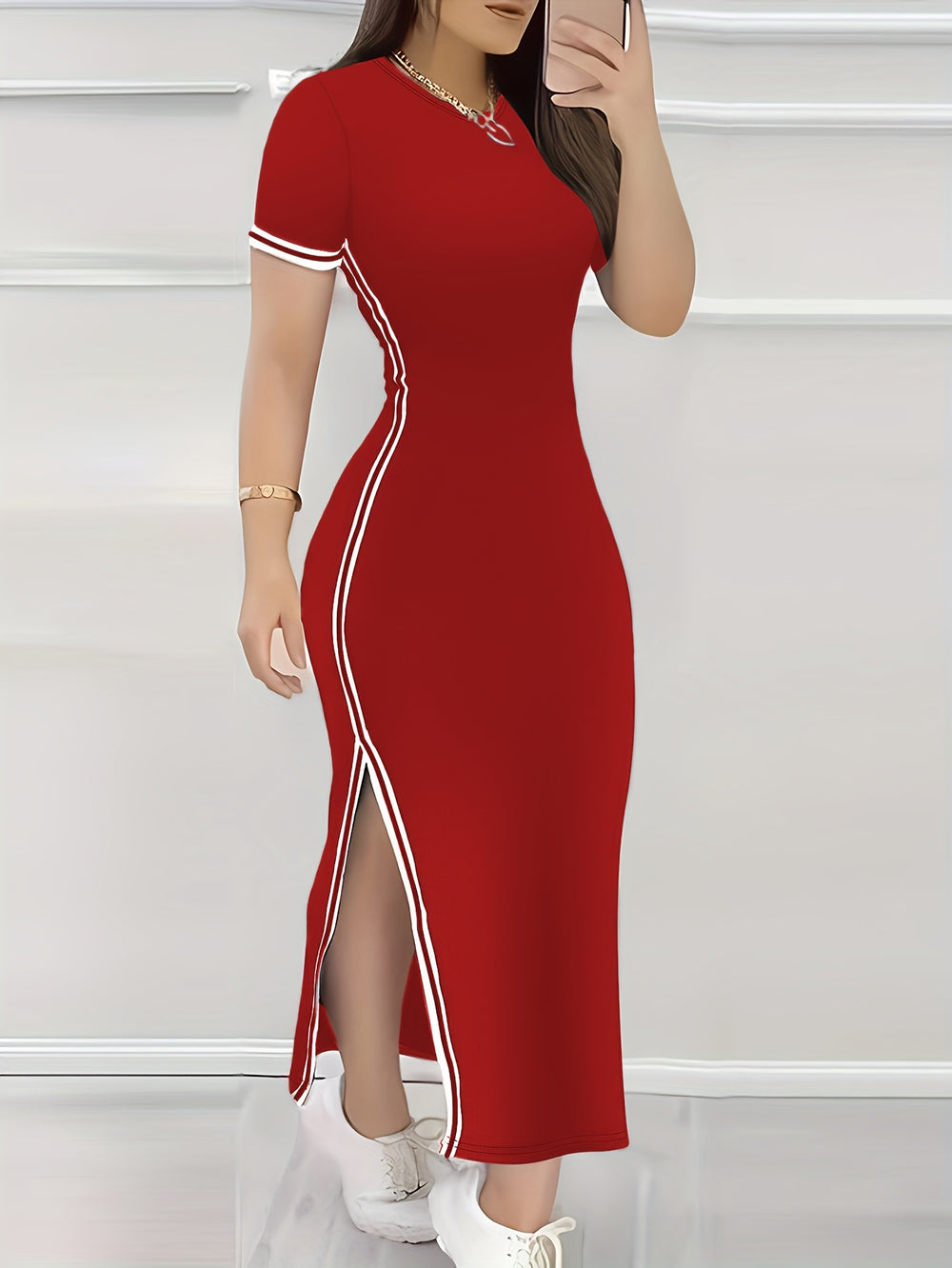 Side-Striped Column Athletic Maxi Dress