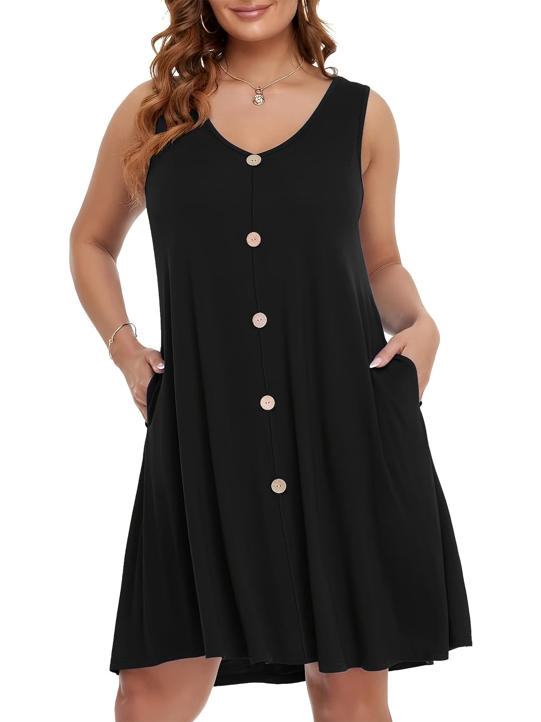 Plus Size Sleeveless Button Front Pocket Boho Summer Dress